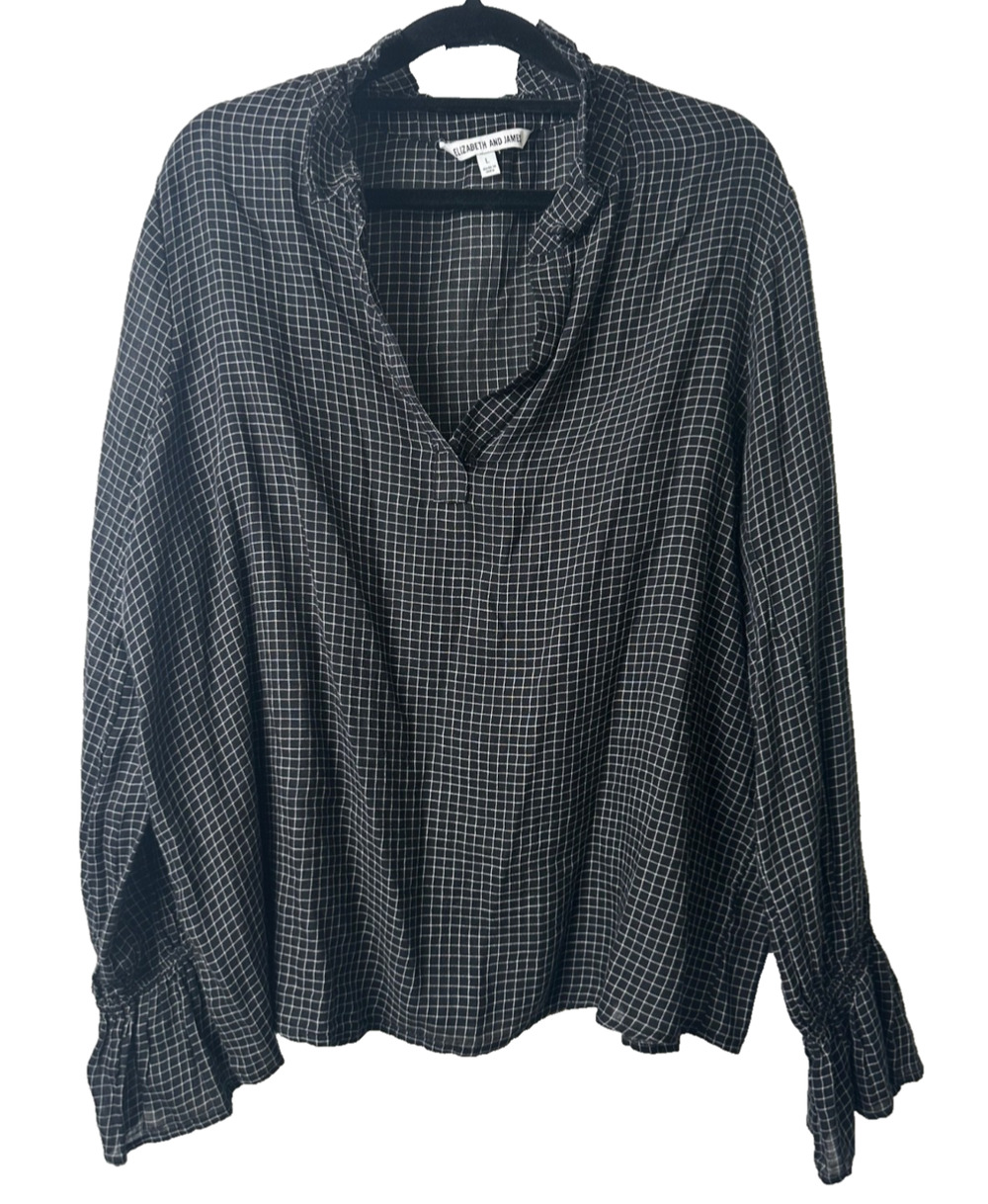 Elizabeth and James Grid Pattern Blouse Black White L Long Sleeve Cotton A2